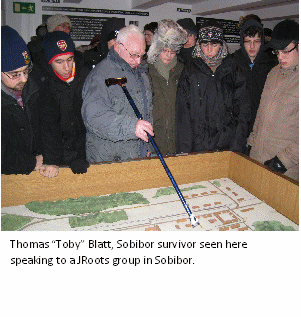 Thomas "Toby" Blatt, Sobibor survivor seen here speaking to a JRoots group in Sobibor.